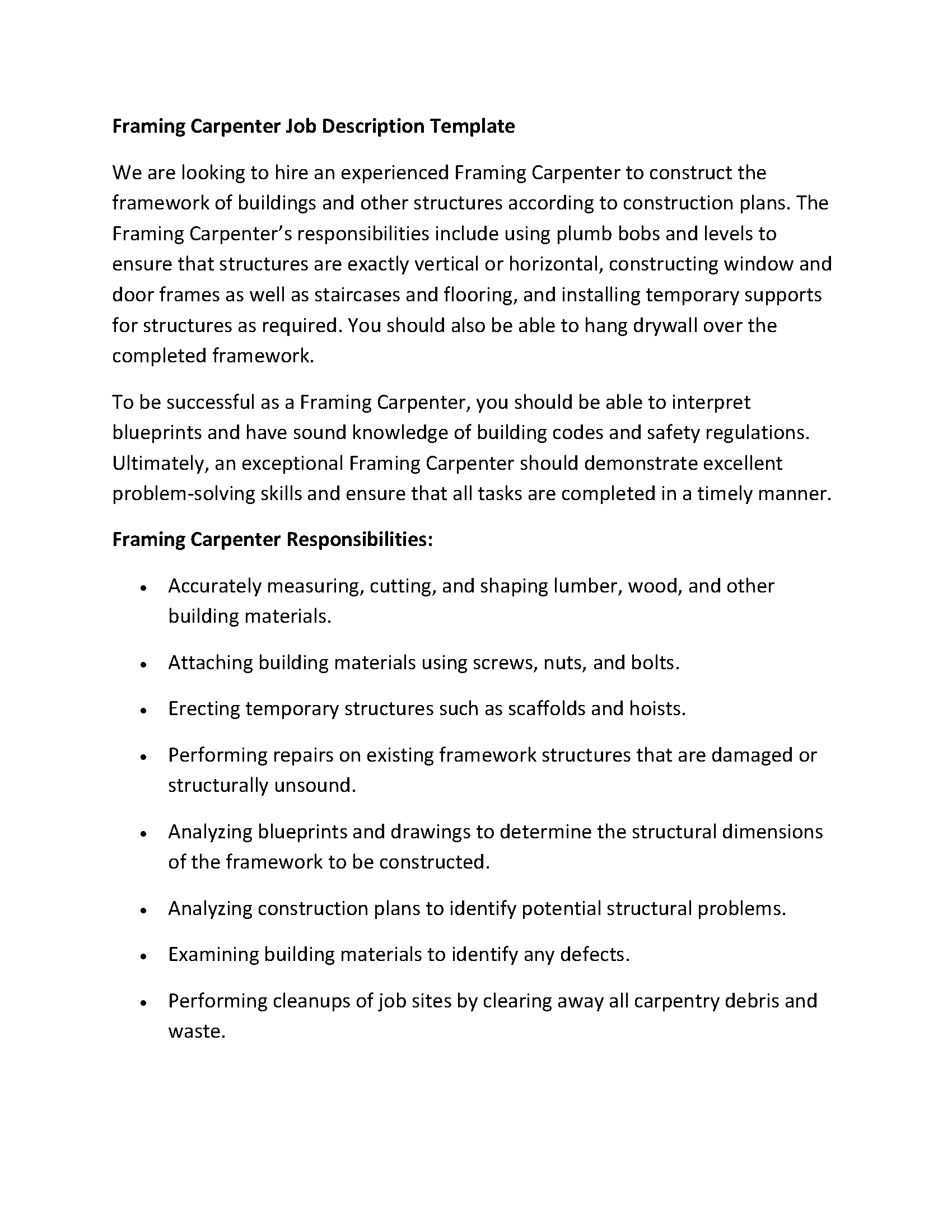 Framing Carpenter Job Description Template